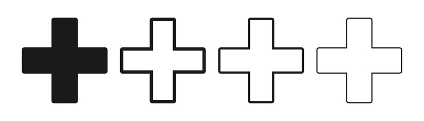 Outline cross shape. Medical first aid symbol. Set of thin cross icons on white background. Black swiss sign. Plus pictogram shape. Hospital symbol in flat. Vector EPS 10.