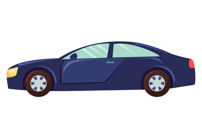 Blue car isolated on white background. Sedan with dark toned glasses. Auto to drive and get your destination quickly. Wheeled motor vehicle used for transportation. Vector illustration in flat style