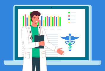 Closeup of young smiling doctor with clipboard and stethoscope standing on the background of huge laptop screen with medicine symbol, messages, charts. Web page template. Flat vector image on blue