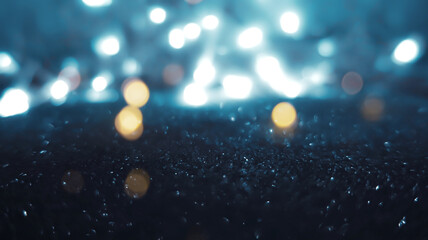 Dark blurred abstract background. Blaze of blurry lights. Reflection of city lights on the asphalt....
