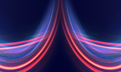 Multicolored neon shapes on a dark abstract background. Empty scene background, blurred neon ultraviolet light, bokeh.