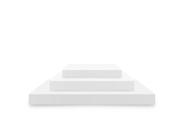 White 3d podium mockup in square shape. Empty stage or pedestal mockup isolated on white background. Podium or platform for award ceremony and product presentation