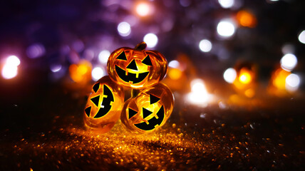 Neon glowing pumpkin head on abstract blurred bokeh background. Festive Halloween background with cobwebs and pumpkin.