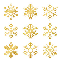 Set of golden snowflakes for Christmas decoration. Shiny gold snowflakes, various abstract and geometric patterns. Beautiful snowflakes isolated on white background