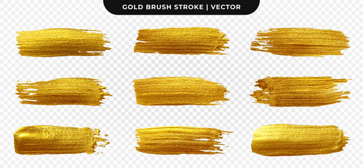 Obraz premium Golden paint brush stroke. Set of gold paint smear with glittering texture. Realistic gold brush stroke with metallic effect