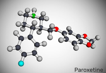 Paroxetine, antidepressant, selective serotonin reuptake inhibitor SSRI, molecule. It is used in the therapy of depression, anxiety disorders. Molecular model