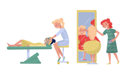 Woman in Beauty Salon Putting on Make-up and Doing Spa Procedure Vector Illustration Set
