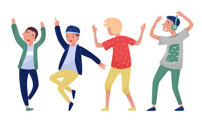 Fototapeta premium Young Boy Dancing to Music Raising Up Hands Vector Illustration Set