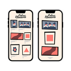 Online museum vector mobile application template with hand drawn lettering.