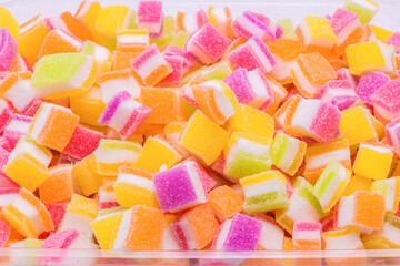Square shaped jelly candies and Colorful fruit jelly candy.