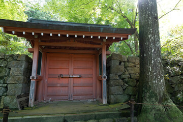 A vermilion gate in a traditional Japanese garden