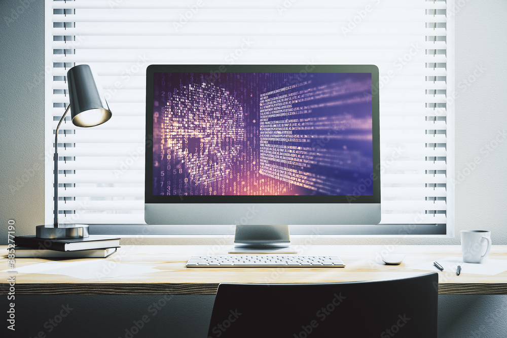 Leinwandbilder creative code skull hologram on modern computer monitor, cybercrime and hacking concept. 3d renderin