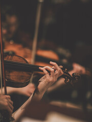 Close frame for the hand of a violinist of a symphony orchestra.