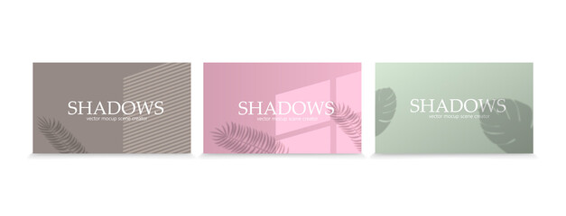 Set of shadow overlay effects. Vector shadow and light overlay effect, natural lighting scene. Mockup of transparent shadow from window, monstera leaves and plants. Realistic light refraction © kasheev