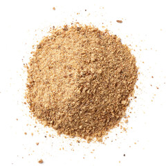 Heap of breadcrumbs isolated on white, from above