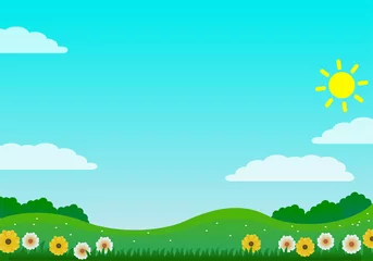 Fotobehang Turkoois Colorful and bright nature landscape vector illustration with flowers, green grass and bright sky suitable fun theme background   © Muhamad