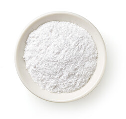 Bowl of baking powder isolated on white, from above