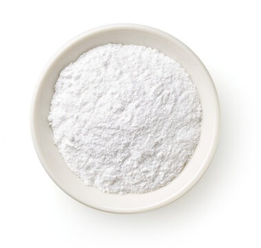 Bowl Of Baking Powder Isolated On White, From Above