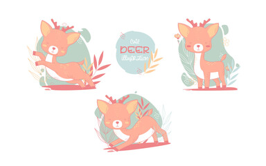 Collection of cute deers cartoon animals. Vector illustration.