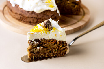Slices of Spicy Carrot Cake with Walnuts and Orange Tasty Homemade Cake Dessrt Hoizontal