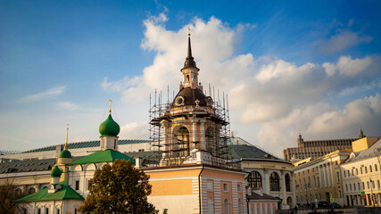 Autumn weather in Moscow in Zaryadye park, sights of Moscow and its churches before a beautiful...