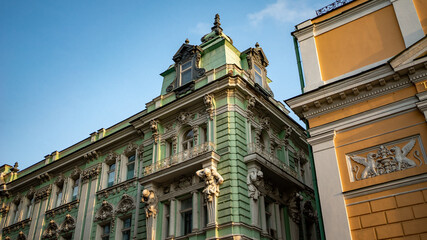 Autumn weather in Moscow in Zaryadye park, sights of Moscow and its churches before a beautiful sunset.