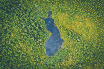 Aerial view of a Finland shaped artificial lake in Finnish Lapland during summer
