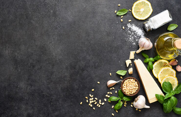 Ingredients for the pesto sauce: Parmesan, basil and pine nuts on a concrete background. Pesto...
