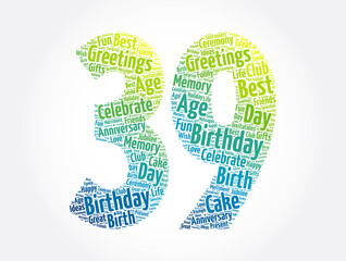 Happy 39th birthday word cloud, holiday concept background