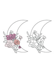 Floral moon vector illustration, crescent with flowers line drawing