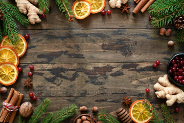 New Year's decoration with fir. Hot drink ingredients. Morse.