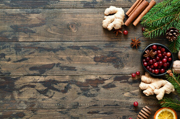 New Year's decoration with fir. Hot drink ingredients. Morse.