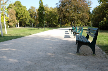 Empty park benches in Düsseldorf on a sunny day