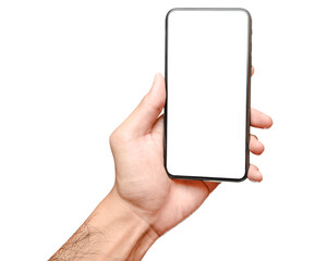 Male caucasian hand holding phone isolated on white background.
