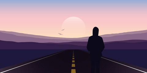 girl stand on the asphalt road and looks to the mountains vector illustration EPS10