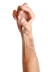 isolated of male caucasian hand holding something like a bottle or can.