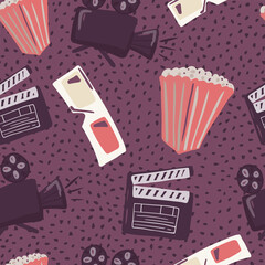 Popcorn, camera, 3d glasses and clapperboard silhouettes seamless doodle pattern. Cinema movie print with purple dotted background.