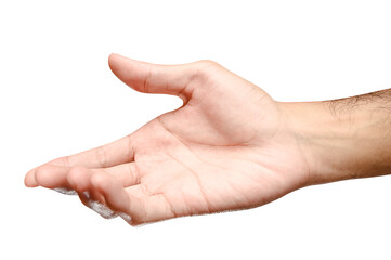 Male caucasian hand reach and ready to help or receive. Gesture isolated on white background.