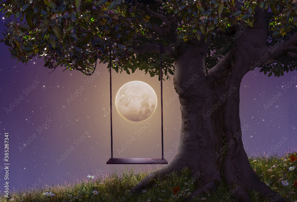 Wall mural Fantasy hammock in a tree at night. 3D