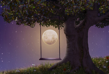 Fantasy hammock in a tree at night. 3D - 385287341