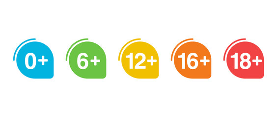 Age limit sign set for censoring of different categories for children and adults - 0, 6, 12, 16, 18 plus  ages - vector emblems collection