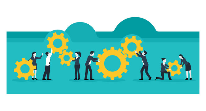 People team with gears mechanism - business management and working process conceptual illustration - vector concept