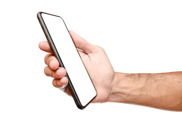 Male caucasian hand holding phone isolated on white background.