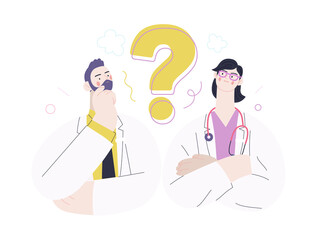 Medical insurance template -second opinion on a matter -modern flat vector concept digital illustration of two doctors and a question mark, second medical opinion metaphor, medical insurance plan