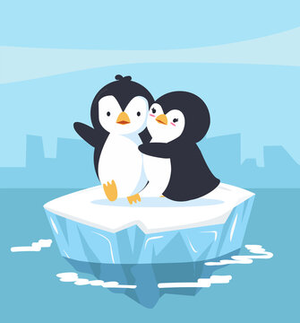 Cute penguins couple with blue ice floe