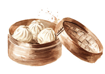 Bamboo steamer and traditional chineswe dumplings Dim sum. Hand drawn watercolor illustration, isolated on white background