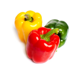 Fresh vegetables Three sweet Red, Yellow, Green Peppers isolated on white background.