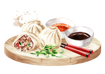 Traditional chinese dumplings Dim sum with sauce and chopsticks on the platter