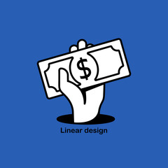 Dollar in hand linear icon design. Cash in human. Showing, pay, giving banknote. Money hold isolated on white background. Vector illustration flat design. Template for financial projects. Fast money.