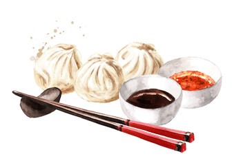 Traditional chinese dumplings Dim sum with sauce and chopsticks. Hand drawn watercolor illustration, isolated on white background